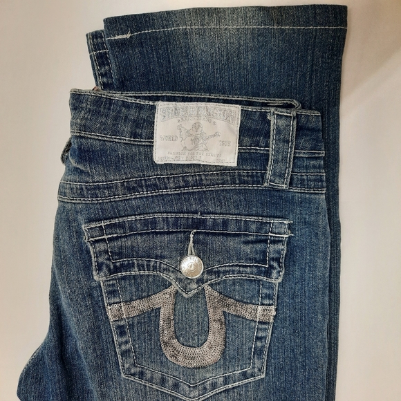 Size 30 True Religion Stretchy Jeans Metallic Silver Sequins & button pockets - Picture 1 of 12